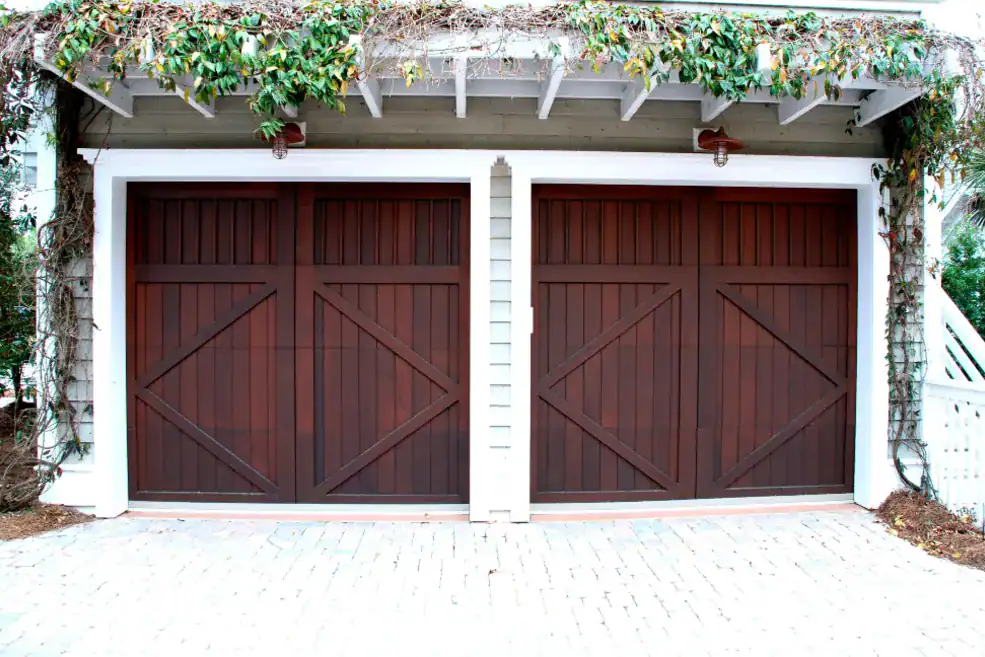 Closed overhead garage door with the bottom edge visible