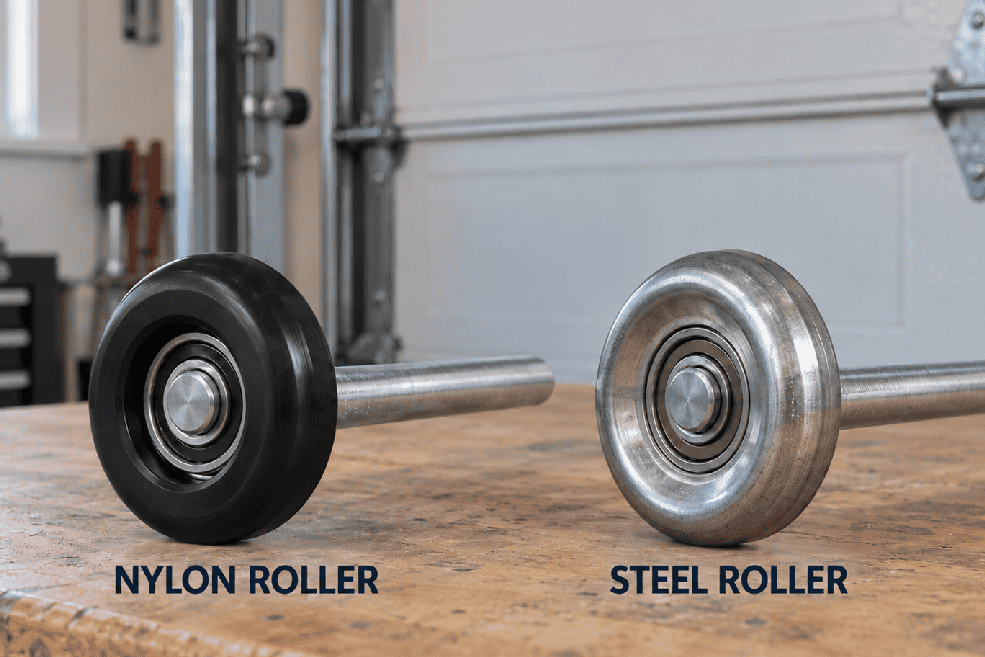 Nylon and steel garage door rollers compared side by side