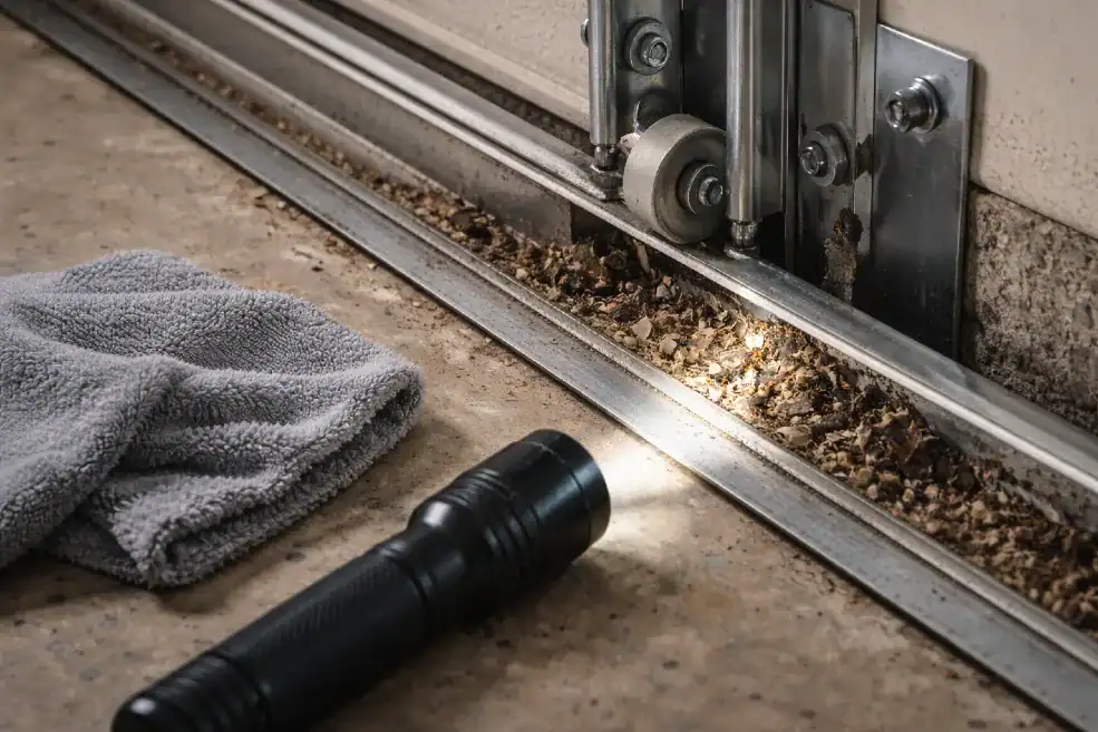 dirty garage door track with flashlight and cloth next to track