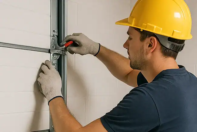 garage door replacement, replacing hinges by man.webp