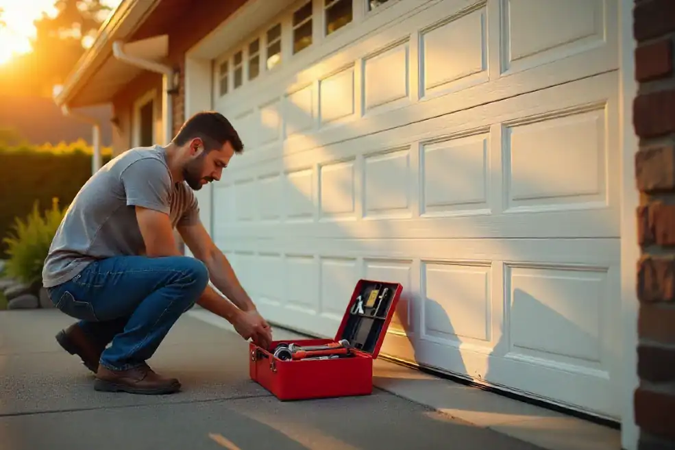 homeowner with a toolbox crouching in front of a garage door