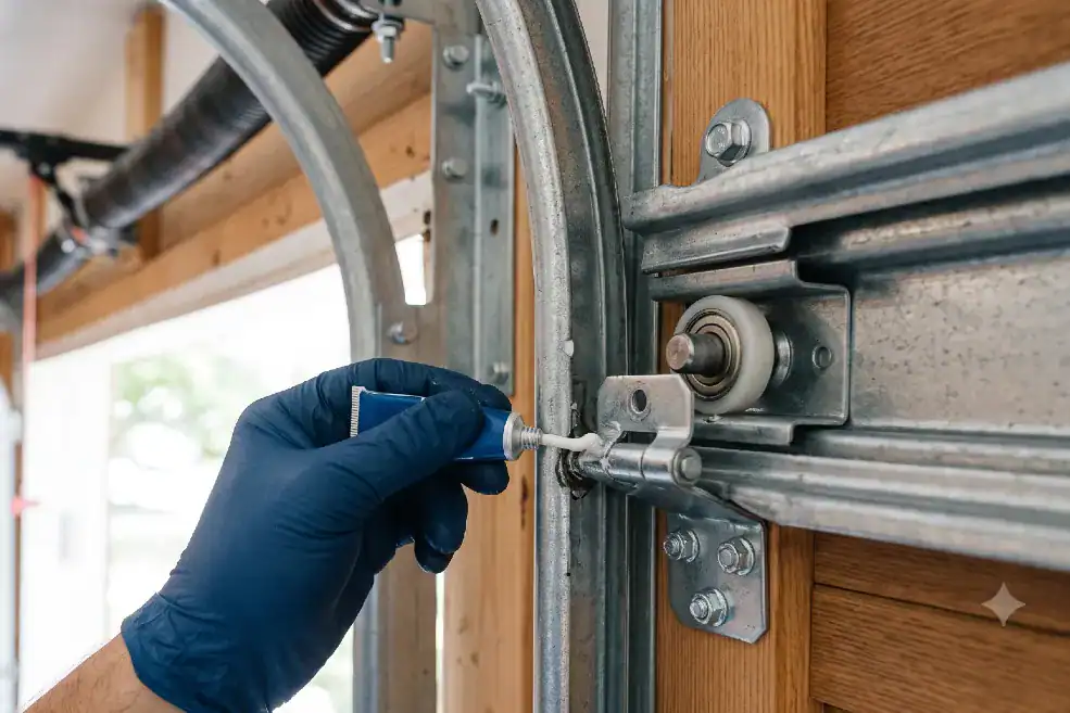 man lubricating garage hinges