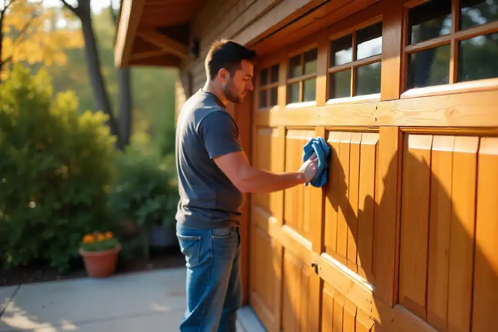 man wiping the surface of a wooden garage door with a cloth