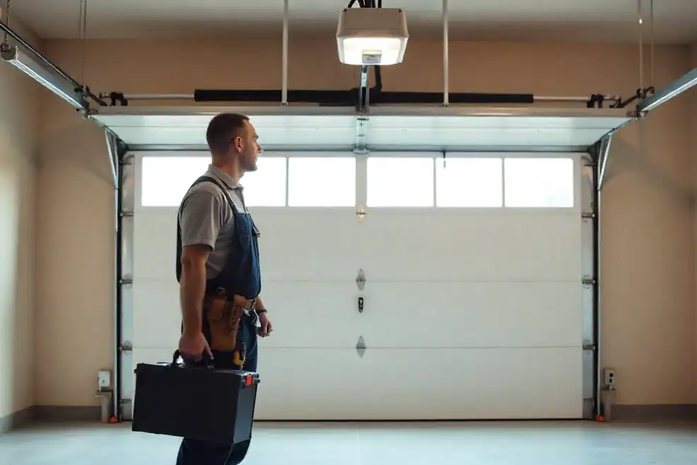 professional garage door technician holding a tool box beside a garage door