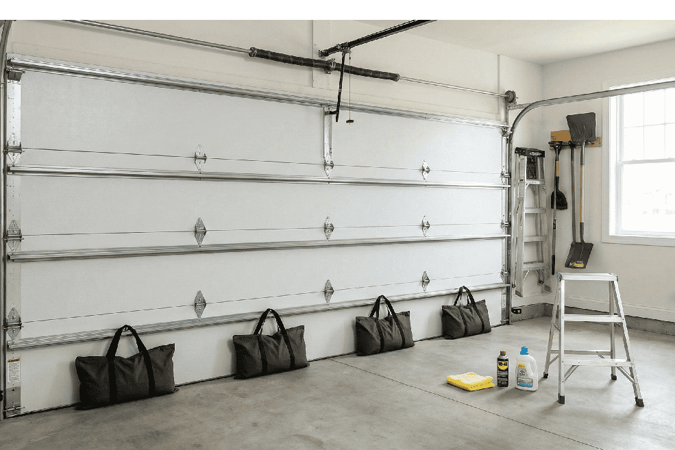 satchels lined up against front door of garage
