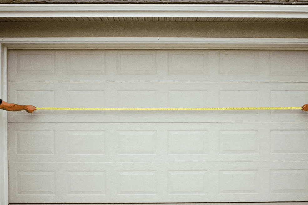 two men measuring the width of a closed garage door