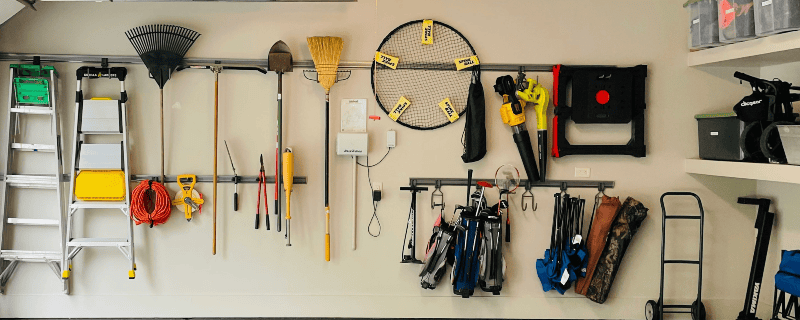 well-organised garage with open door